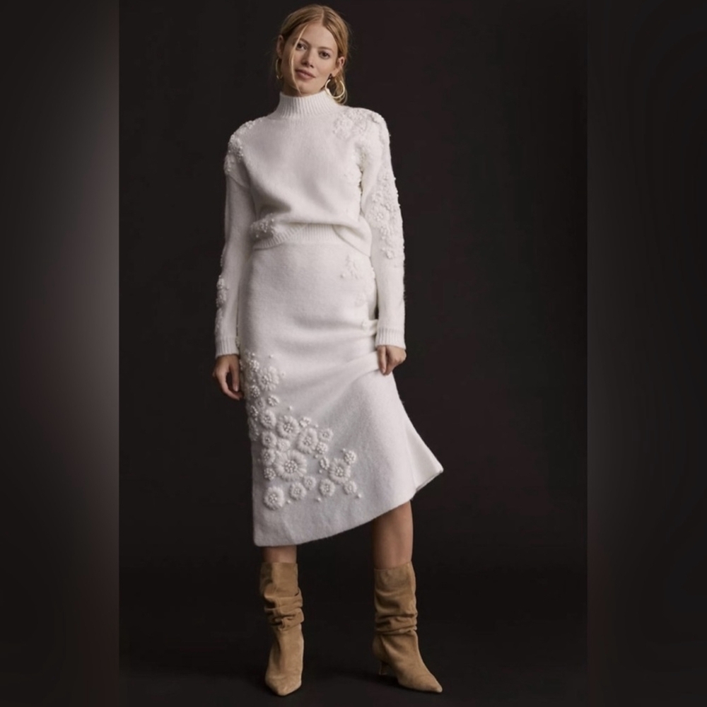 ANTHROPLOGIE ELEGANT IVORY KNIT SWEATER SET W. FLORAL DETAILS 3X 22W 24W